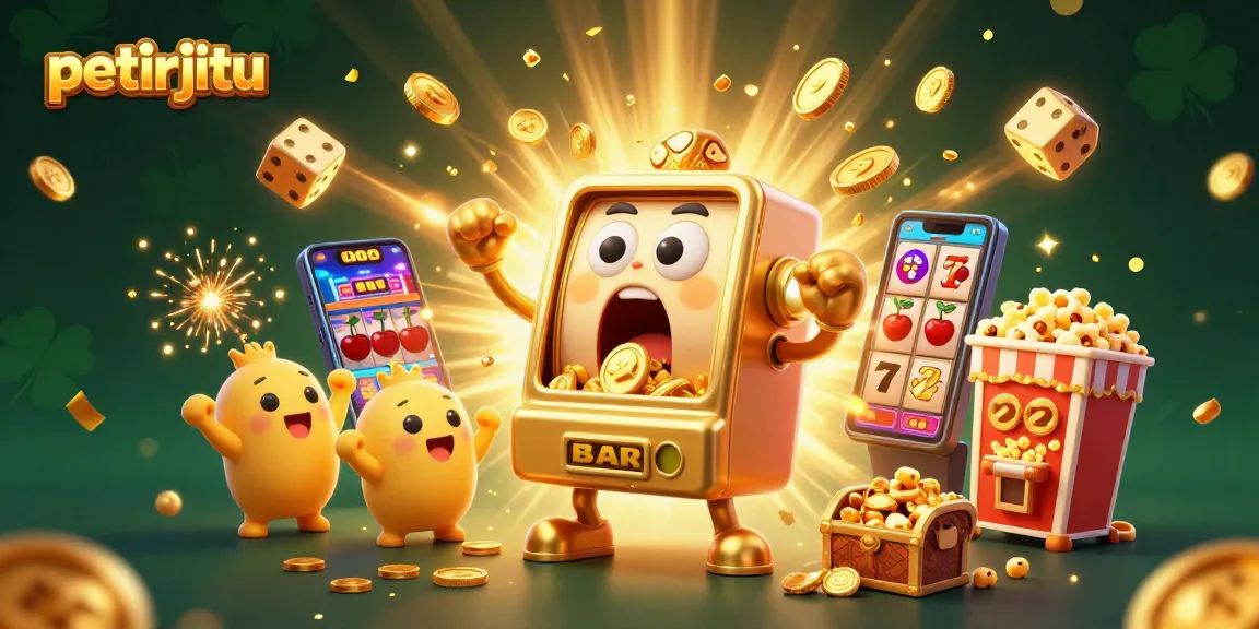 Mesin slot petirjitu mendapatkan jackpot, meriah dengan koin dan elemen kasino lainnya.