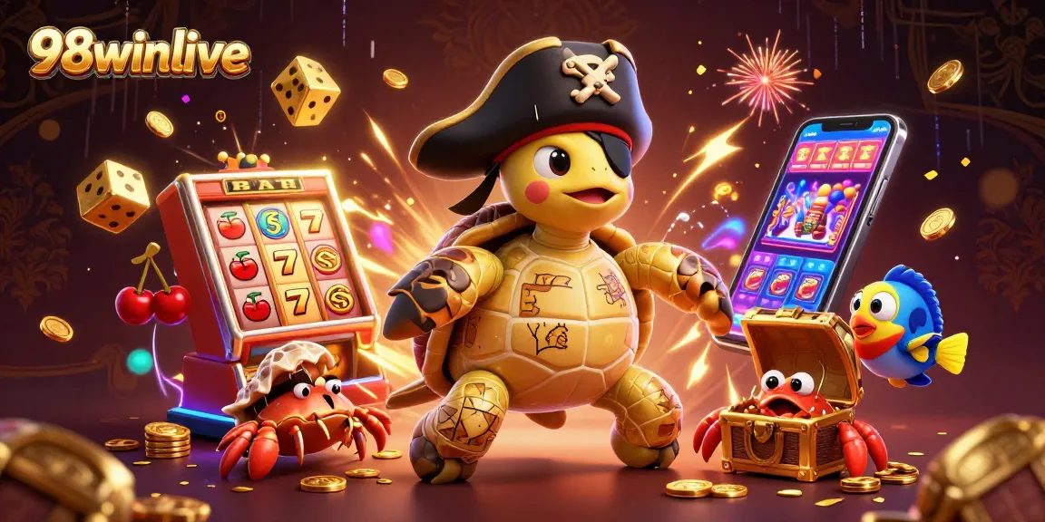 98winlive showcases an exciting 3D casino adventure with cartoon characters celebrating winning jackpots.