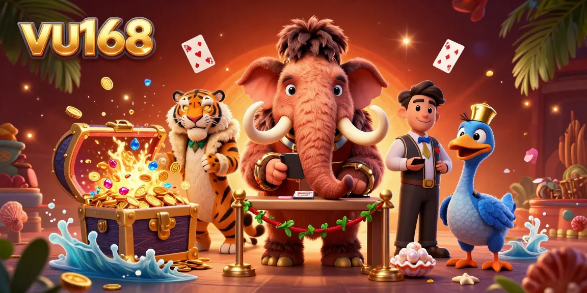 Experience the thrill at vu168 as a bouncer greets a saber-tooth tiger VIP amidst treasure-filled excitement.