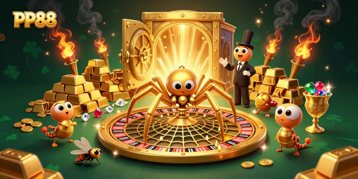 Engaging PP88 scene with a golden spider dealer, fly player, and treasure elements in vibrant casino setting.