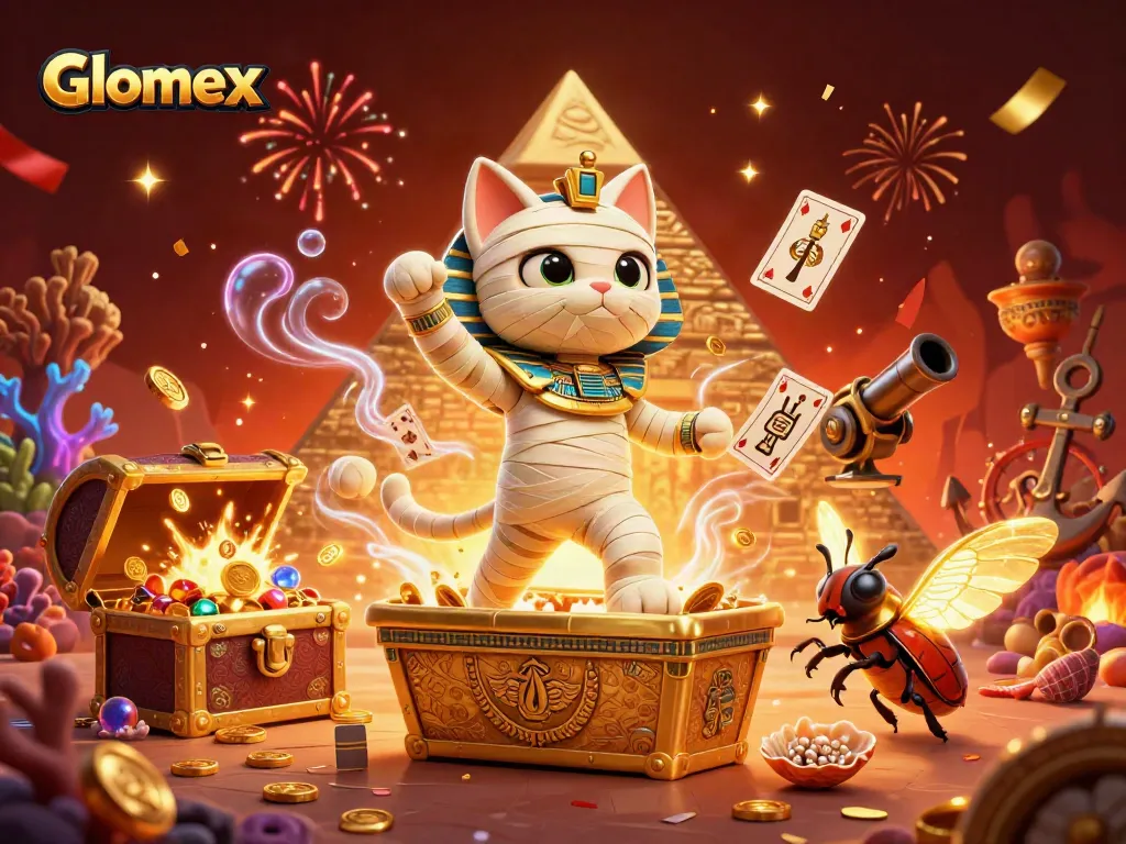 Glomex showcases a dynamic pyramid casino scene featuring an Egyptian mummy cat and treasures.