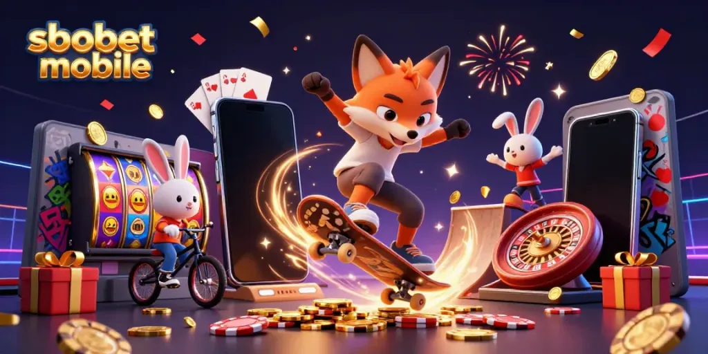 Experience sbobet mobile action with a skateboarder fox and BMX rabbit in a dynamic casino scene.