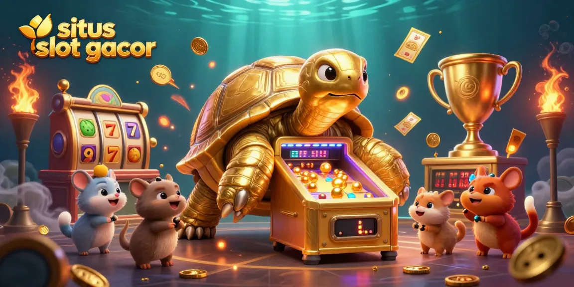 Tampilkan situs slot gacor dengan karakter kura-kura emas dan mesin pinball yang bersinar, dikelilingi koin emas dan elemen slot.