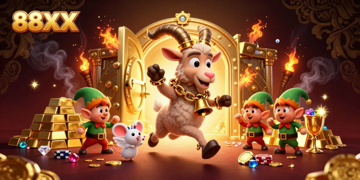 88XX festive casino scene with Krampus, angel mouse, and gremlins amidst gold treasures.