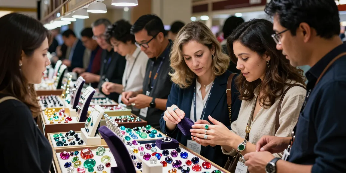 Gem enthusiasts exploring https://www.mygemspot.com with colorful gemstone displays and expert merchants during a vibrant exhibition.