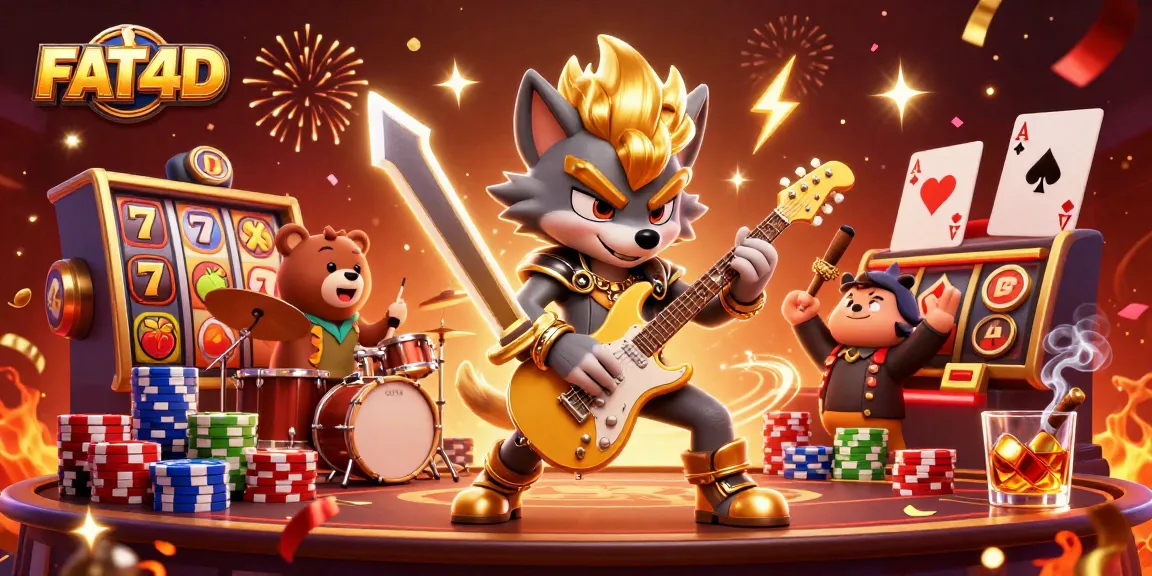 FAT4D showcases a vibrant scene with a rock star wolf in a casino, blending slots, confetti, and dynamic characters.
