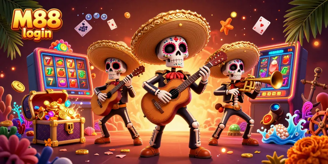 M88 login: Bergabunglah dengan aksi seru di kasino online dengan band mariachi 3D bertemakan Dia de los Muertos.