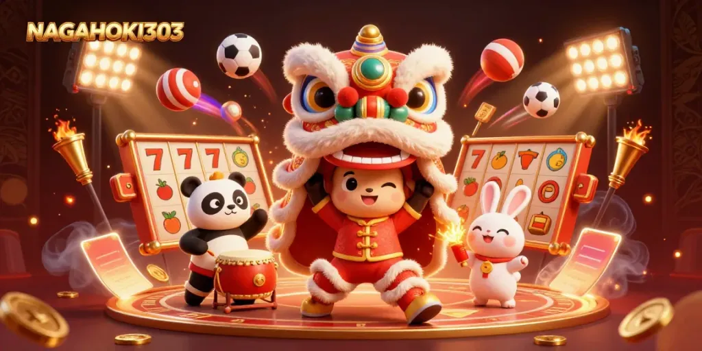 Permainan slot dengan NAGAHOKI303 meriah oleh kostum tarian singa Tahun Baru Cina dan karakter imut.