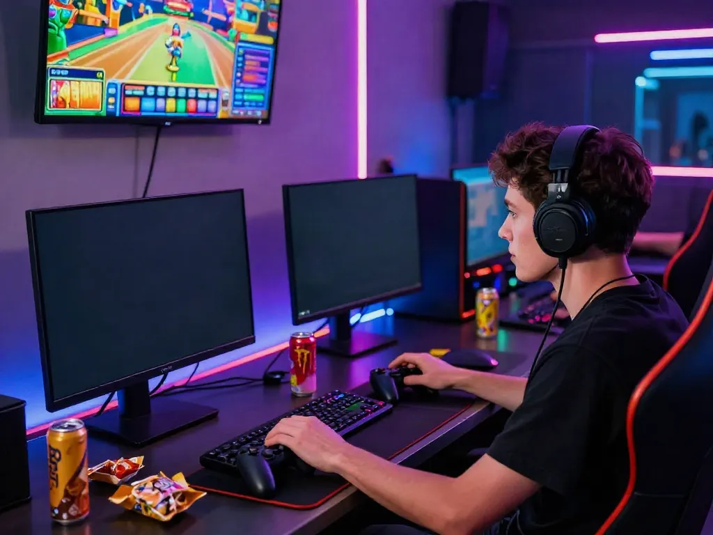 Engaging trial slots gaming experience with colorful graphics on screen and an enthusiastic player.