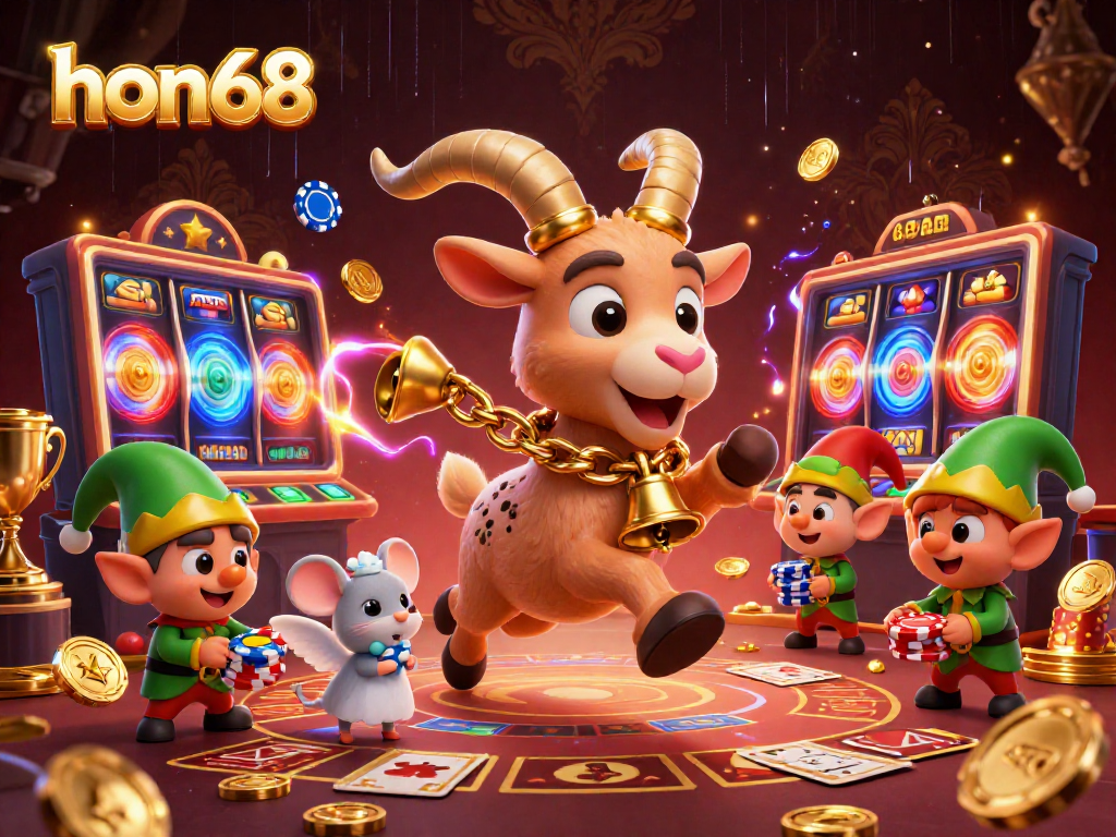 Experience thrilling gameplay at hon68 with a dynamic casino scene featuring festive characters and exciting game elements.