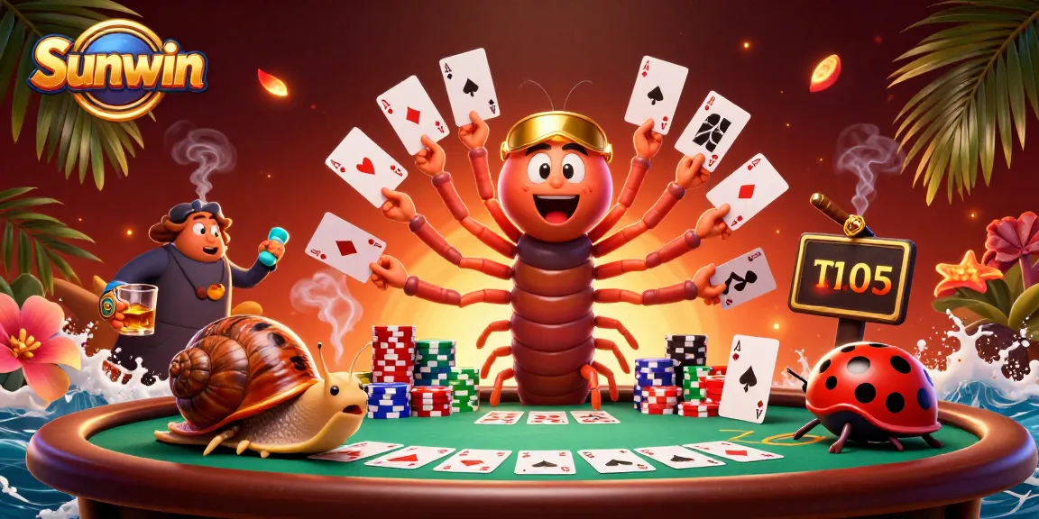 Engage with Sunwin's vibrant casino scene featuring a whimsical millipede dealer and rich gaming elements.
