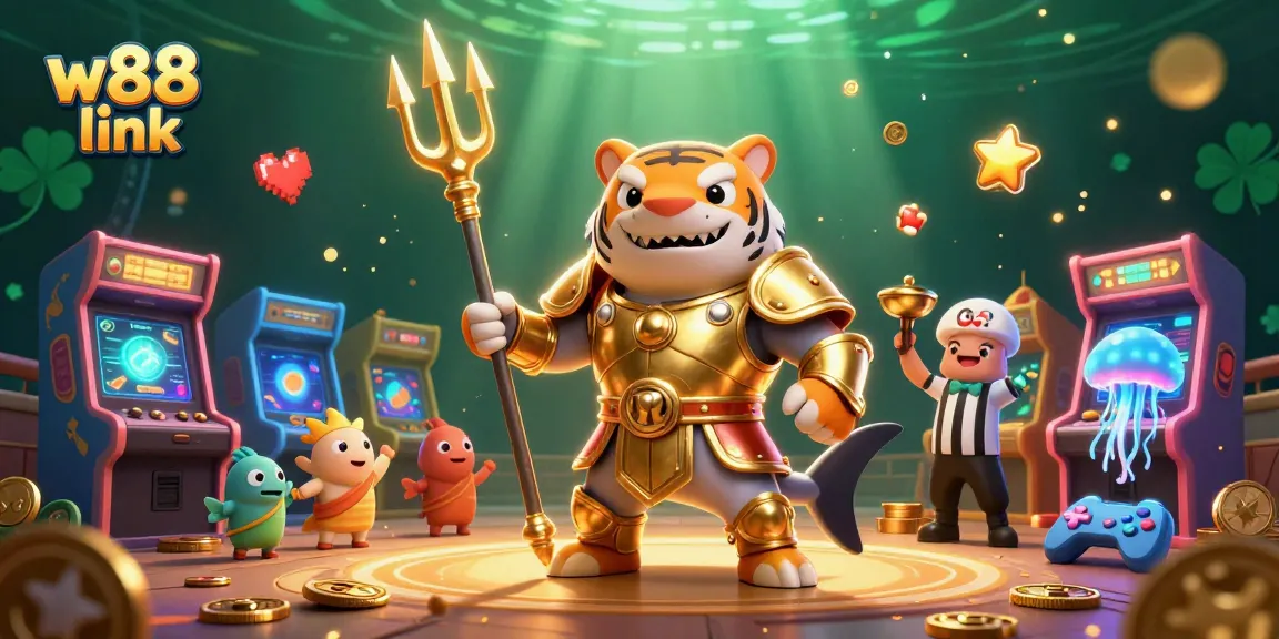 Experience the excitement of W88 link with a vibrant underwater casino scene featuring a shark champion and game elements.