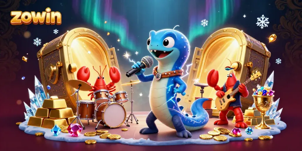 Zowin celebrates gaming with electric eel DJ at a vibrant underwater casino stage filled with treasures.