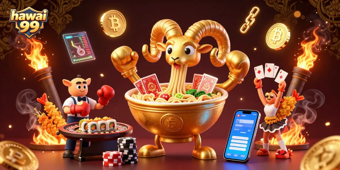 Engage with the vibrant "hawai 99" scene featuring colorful gambling characters and crypto elements.