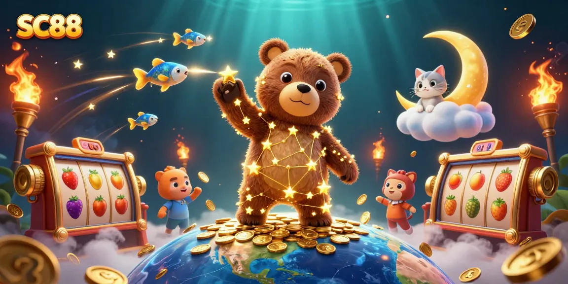 Watch SC88's constellation bear scoop coins amidst a vibrant jackpot scene filled with dynamic slot reels.