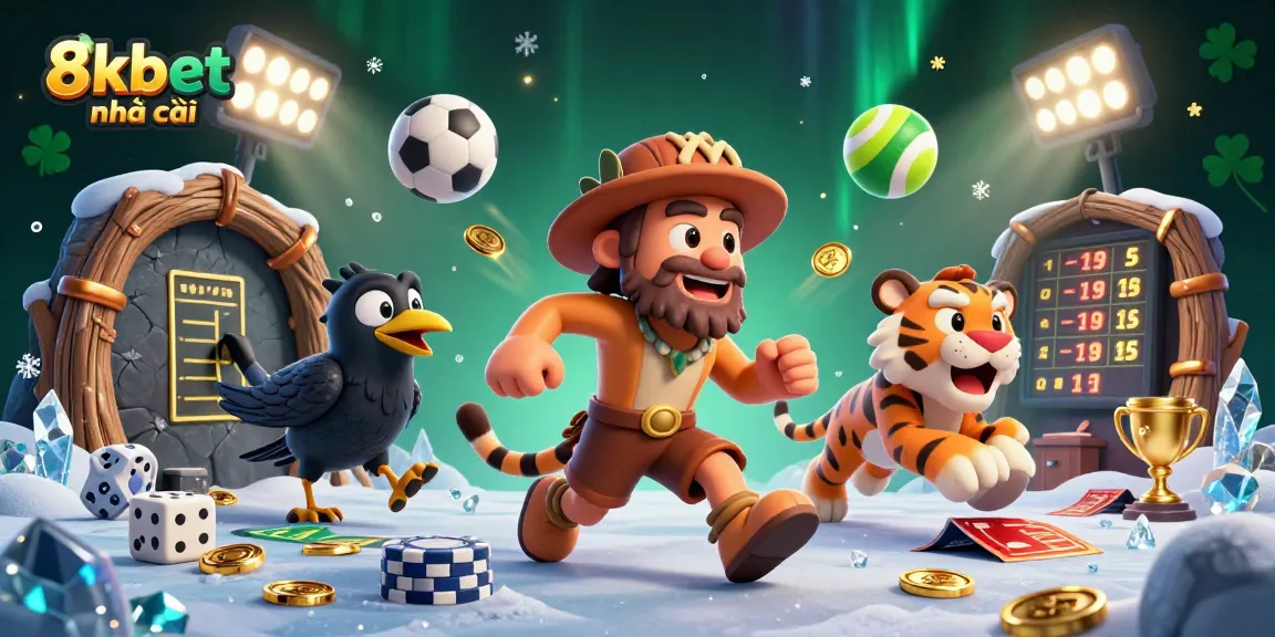 Engage with 8xbet nhà cái in a vibrant prehistoric casino scene featuring unique gaming elements and characters.