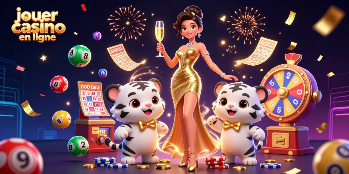 Experience excitement as you jouer au casino en ligne with a glamorous scene featuring a woman and a lucky tiger cub.