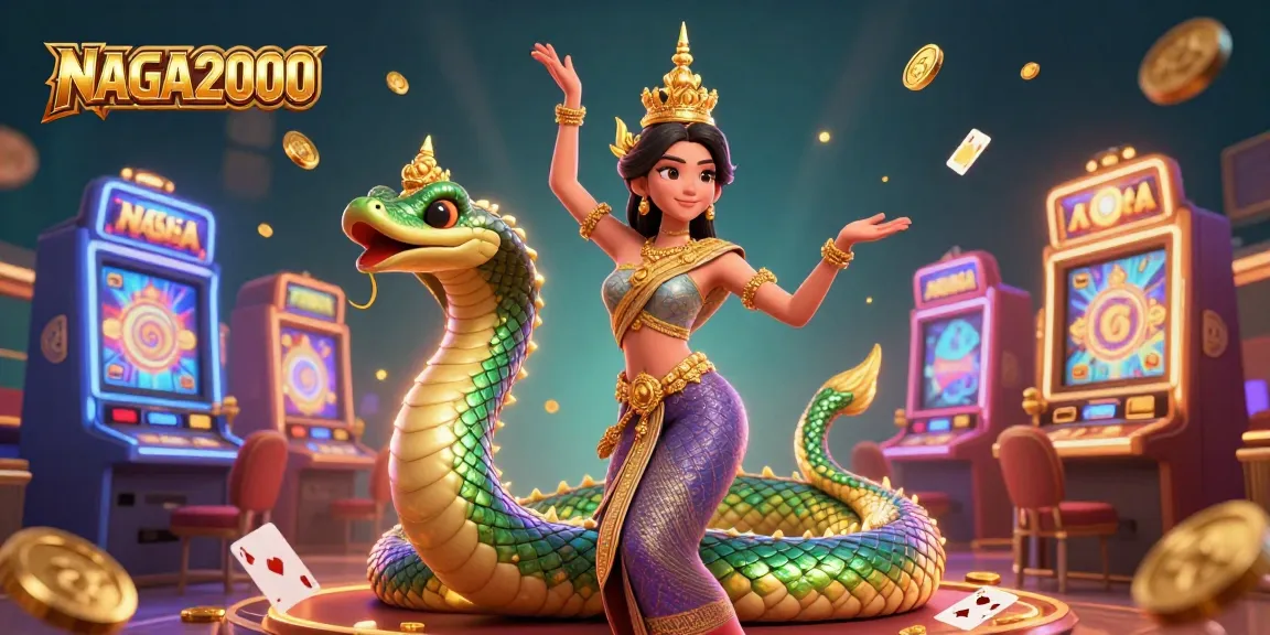 NAGA2000 menampilkan sebuah adegan kasino 3D yang cerah dengan penari Asia, ular Naga, dan mesin slot.