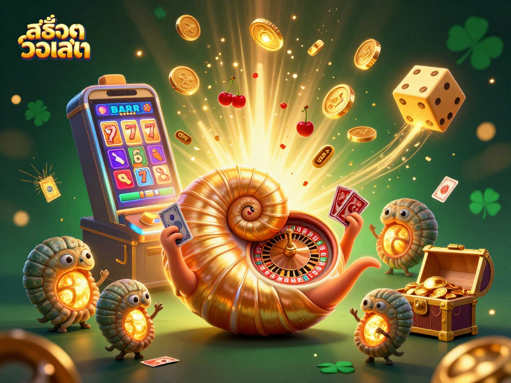 Experience the thrill with สล็อตวอเลท as a giant nautilus spins a roulette wheel with golden coins bursting from a jackpot.