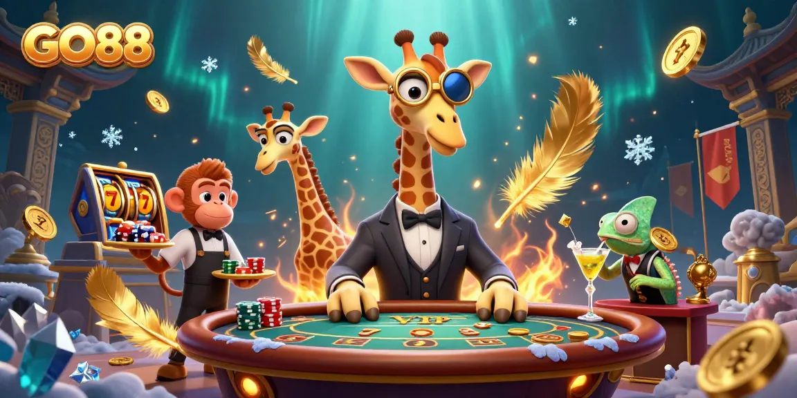 Engage with GO88’s vibrant gaming experience as a giraffe enjoys poker alongside a monkey and chameleon bartender.