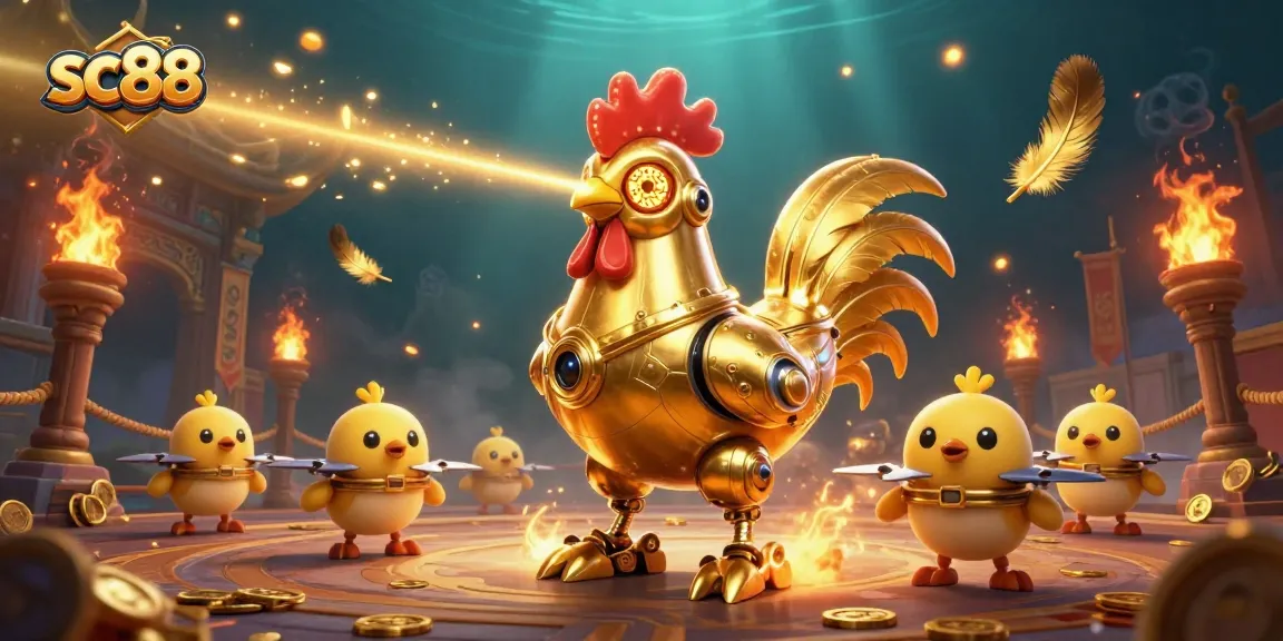 Experience thrilling gameplay with sc88 featuring a golden rooster robot and baby chick drones in a vibrant casino scene.
