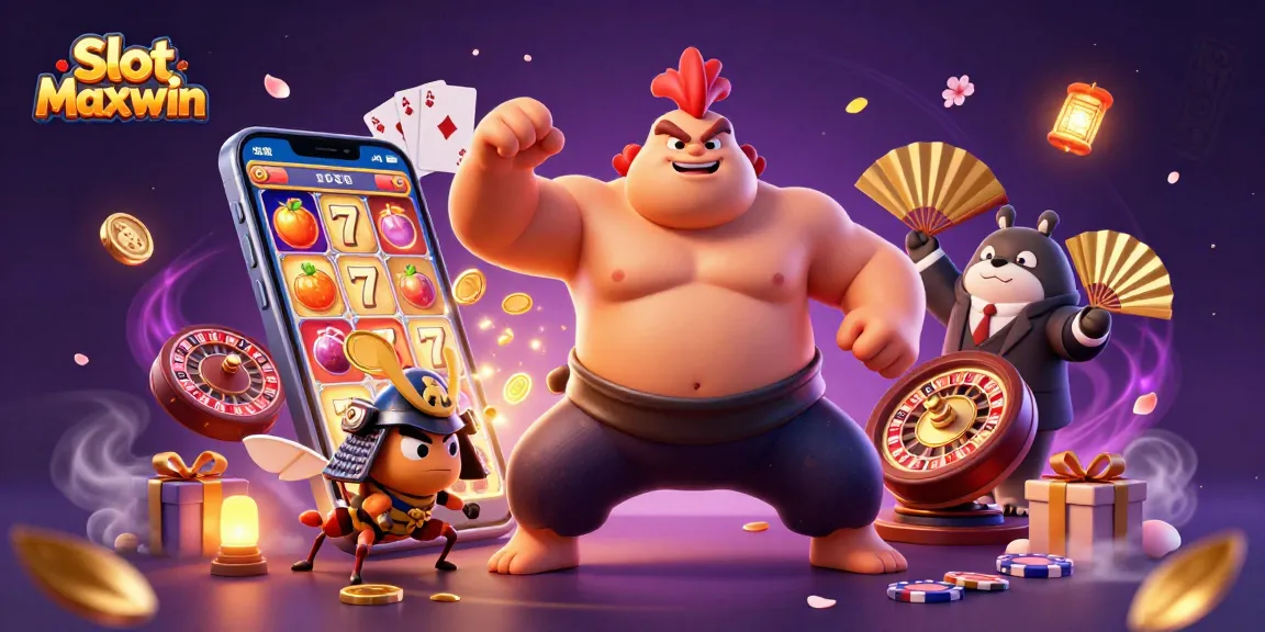 Experience Slot Maxwin with giant rooster in sumo attire and samurai cricket amid vibrant casino scenes.