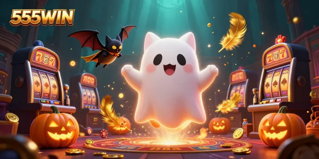 Experience thrilling gameplay with 555WIN's ghost cat and vibrant casino elements.