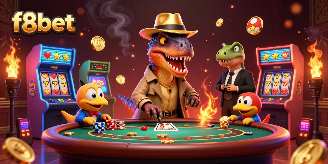 Experience the thrill of f8bet with a velociraptor at a blackjack table surrounded by vibrant casino elements.