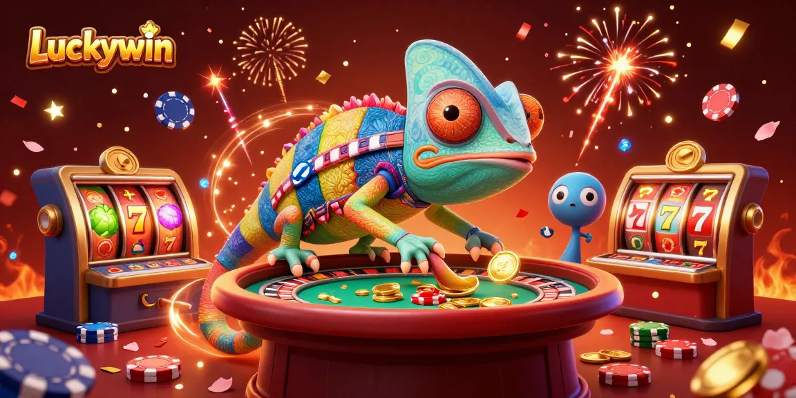 Experience excitement at Luckywin with a colorful chameleon and dynamic gambling elements in a vibrant casino scene.