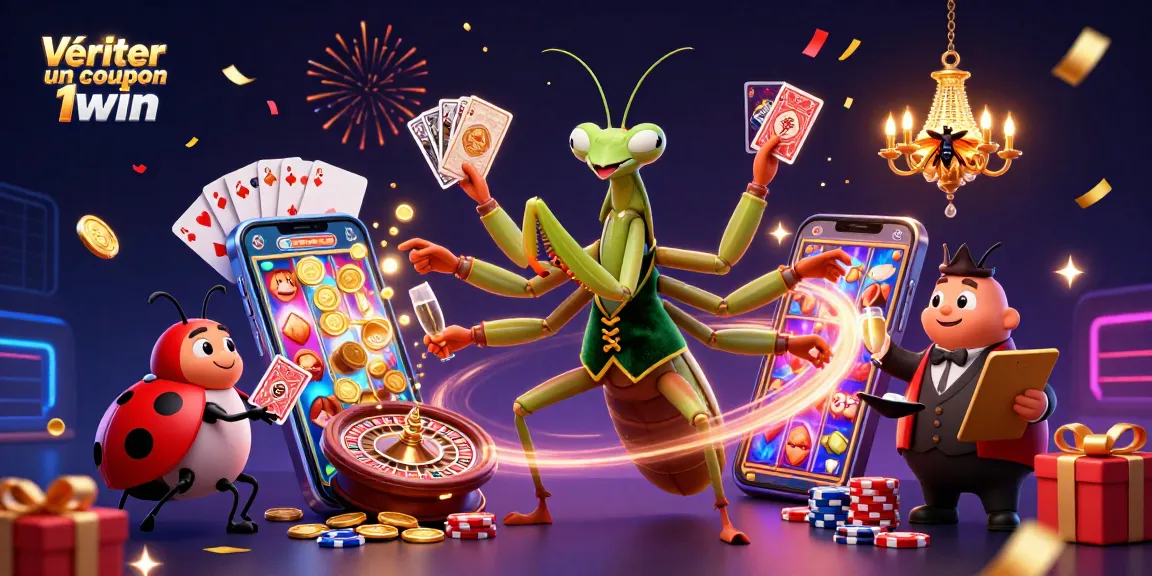 Vérifier un coupon 1win avec une illustration dynamique de jeux de casino, mettant en scène un cambrioleur!