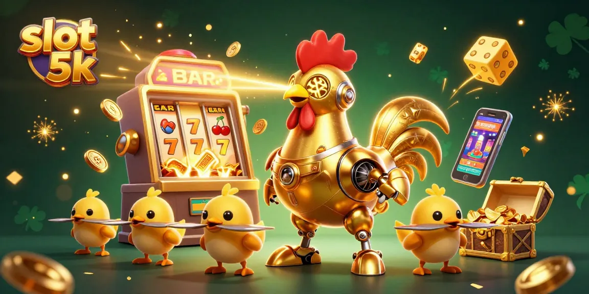 Putar slot 5k di mesin slot dengan karakter robot ayam emas dan simbol judi yang menyenangkan.