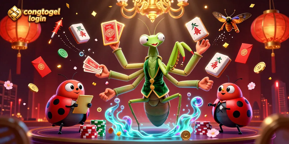 Engage with congtogel login and join the vibrant action of a lively casino scene featuring a praying mantis dealer.