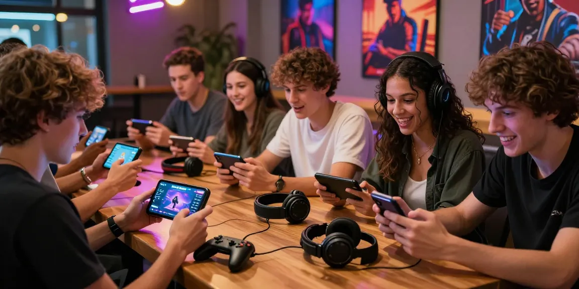 Engaged gamers using the Rollex11 app at a vibrant cafe, showcasing modern gaming culture.