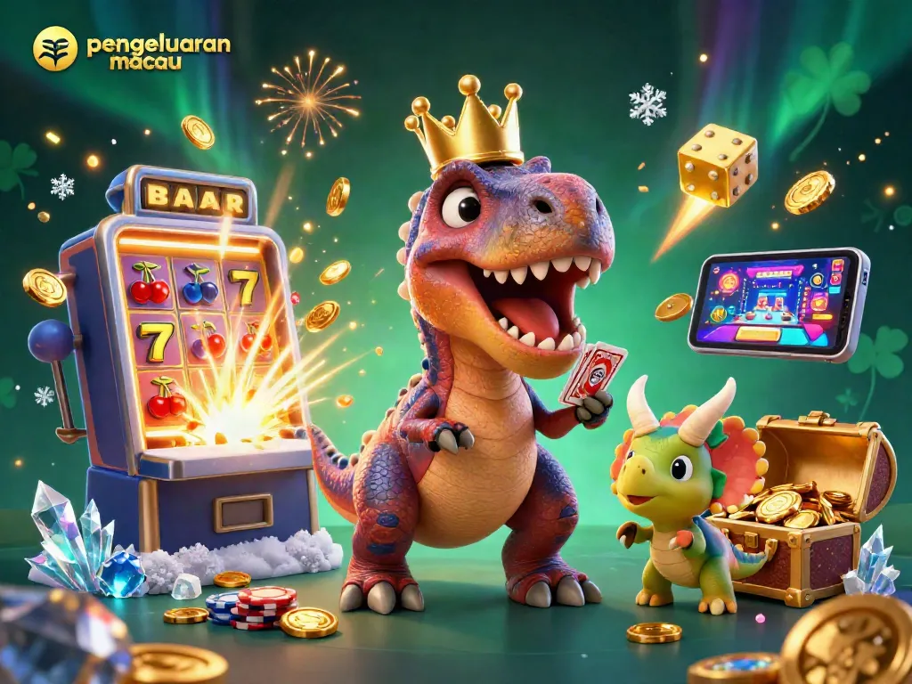 Menampilkan pengeluaran macau dengan T-Rex ramah bermain kartu dan pterodactyl, dikelilingi elemen kasino menakjubkan.