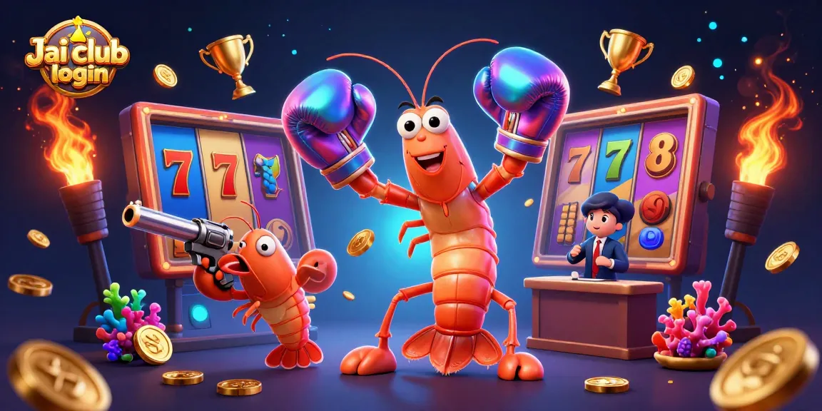 Engage with thrill at Jai club login, featuring 3D characters in vibrant casino scene with slot reels and gold coins.