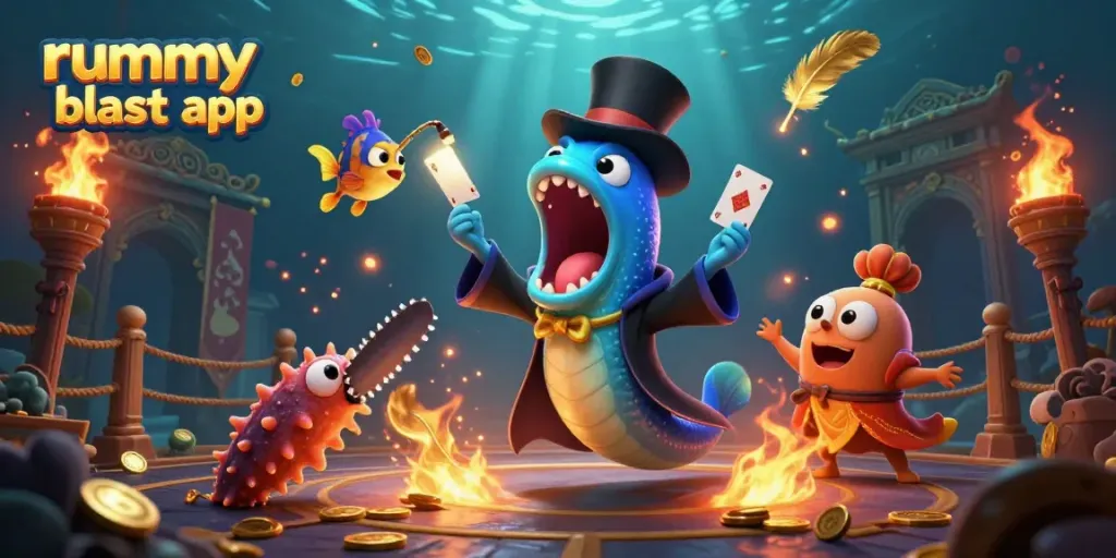Experience the enchanting rummy blast app with fun underwater card magic in this vibrant scene.
