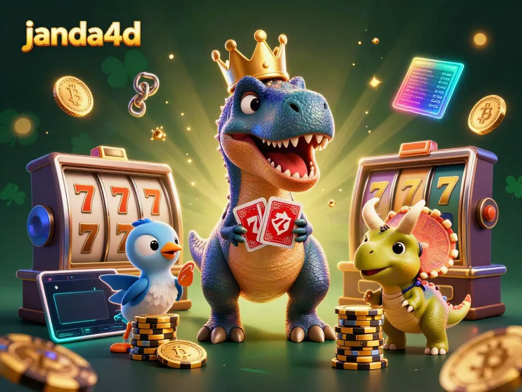Menangkan jackpot dengan janda4d dalam ilustrasi kasino yang menampilkan karakter kartun prasejarah.