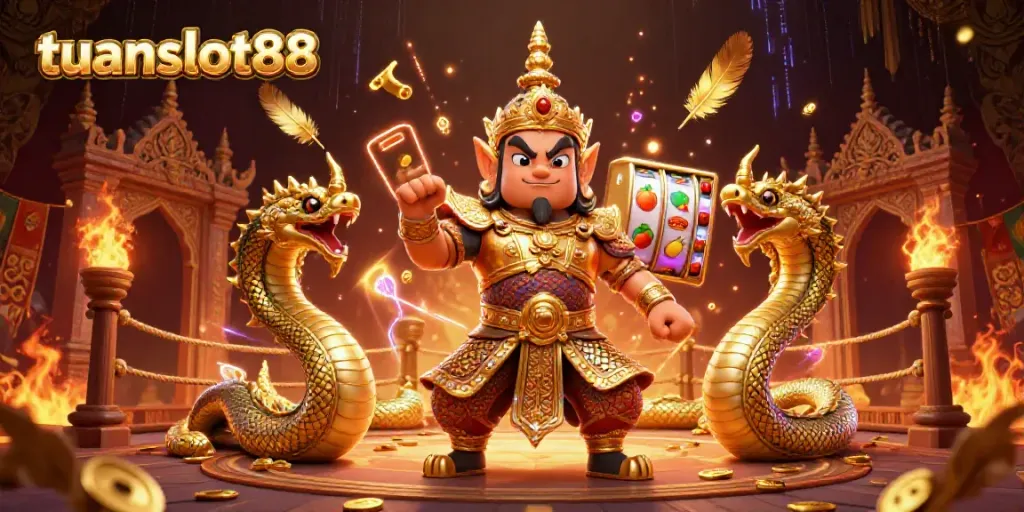 Tuanslot88 menghadirkan ilustrasi kasino yang menampilkan penjaga kuil Thailand dan simbol slot, menggambarkan keseruan permainan.