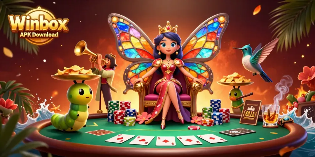 Experience the excitement of Winbox APK Download with this vibrant casino illustration showcasing a butterfly queen amid poker elements.
