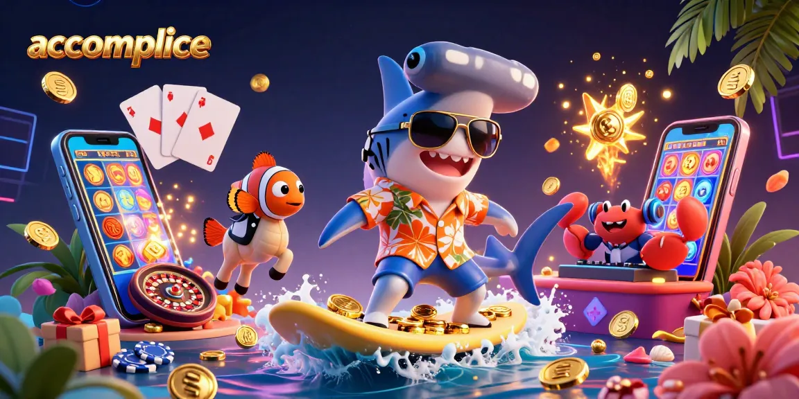 Engage with the vibrant gaming scene at accomplice featuring a shark surfing gold coins while celebrating casino wins.