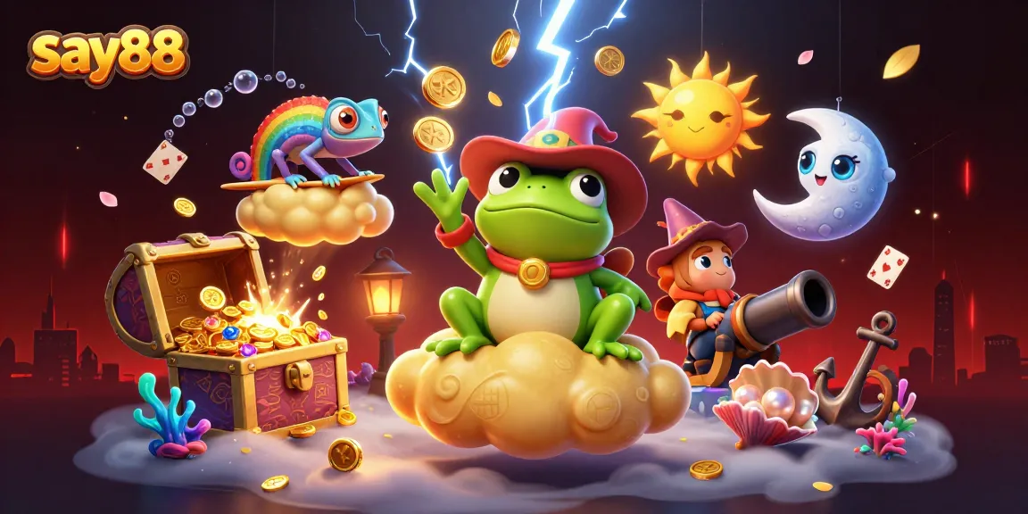 Experience the thrill of say88 with a magical storm of coins in a vibrant 3D casino scene.
