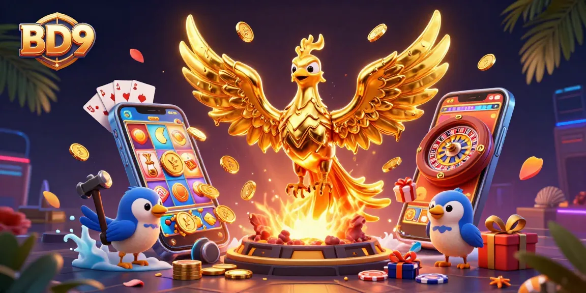 Experience the excitement of BD9 gaming with our stunning 3D phoenix illustration and lively casino elements.