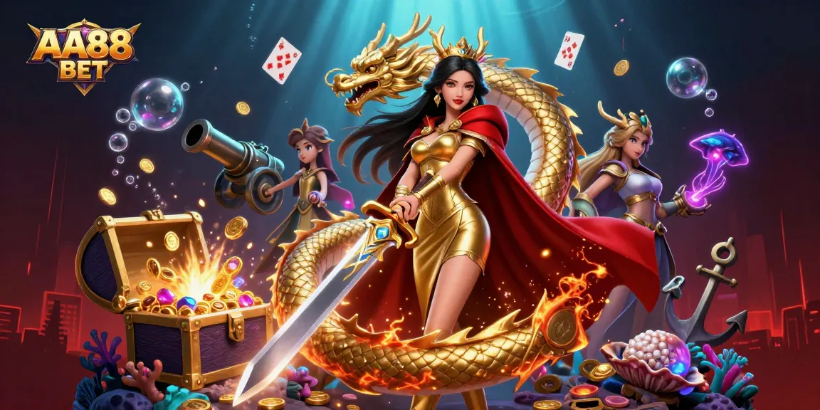 Engage with AA88 BET in a vibrant casino scene filled with gold coins and glowing treasures.