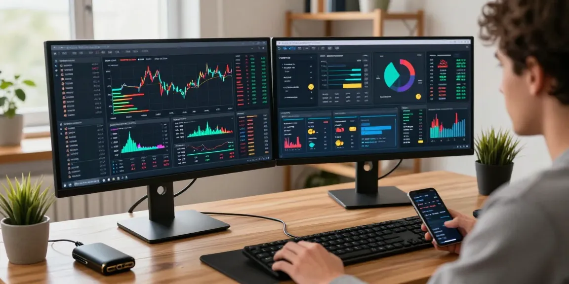 Play exchange dashboard showing cryptocurrency trading data with innovative tech setup in modern office