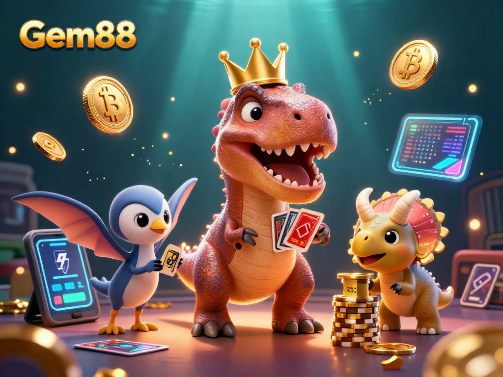 Experience Gem88 with playful T-Rex and friends in a colorful casino scene with crypto elements