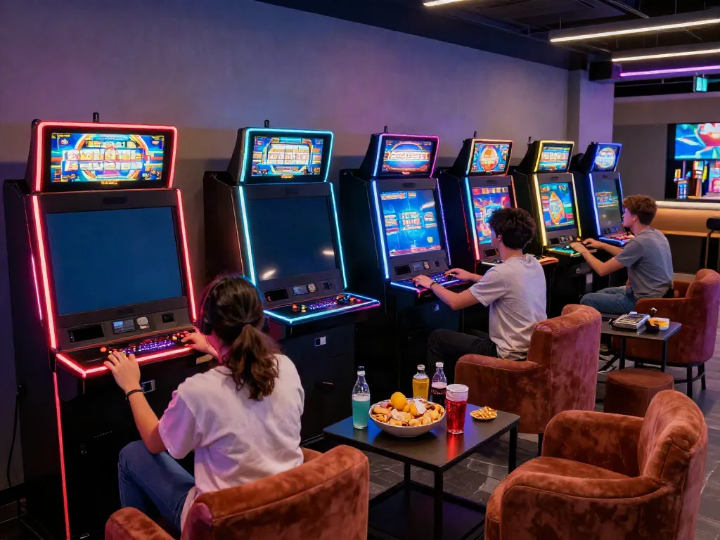 Teman-teman bermain slot bersama di ruang permainan modern yang nyaman dan berwarna.