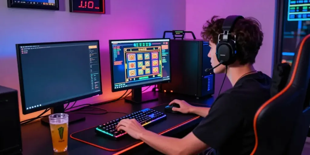 Engaging gaming setup featuring akunjp online gambling with vibrant graphics and gaming gear.