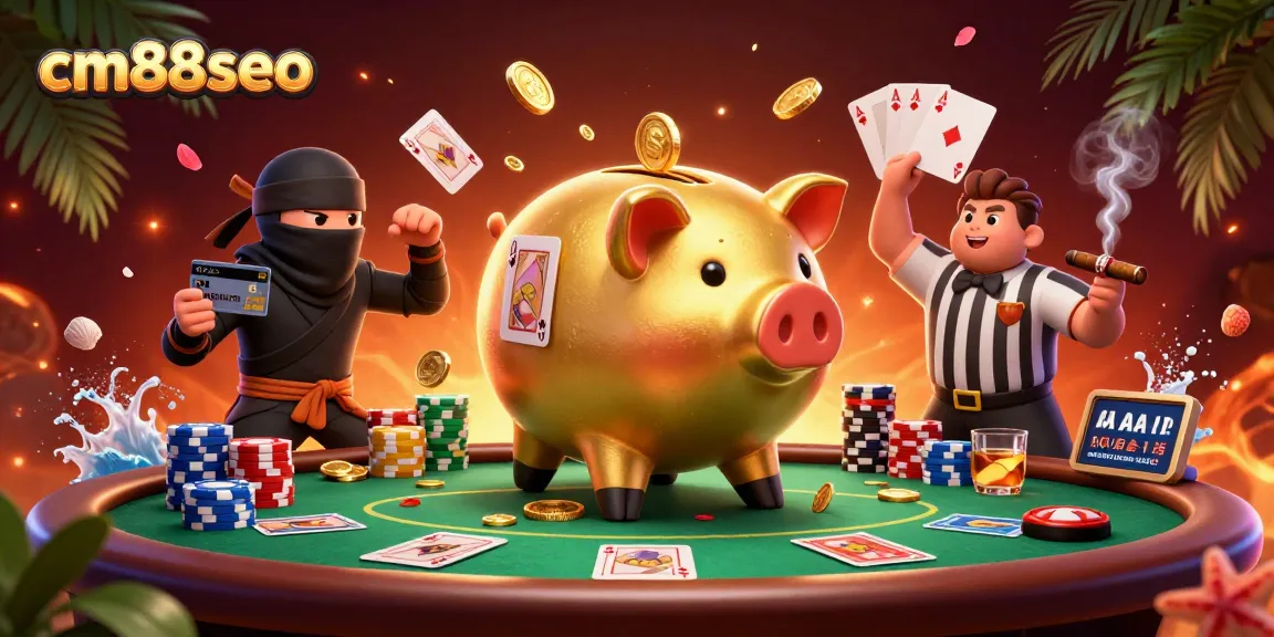 Engage with cm88seo's dynamic casino scene featuring a golden piggy bank sumo wrestler and vibrant poker action.