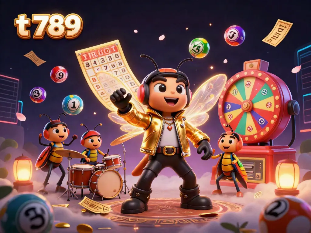 Experience the thrill of t 789 with vibrant lottery balls and buzzing characters in a dynamic casino scene.