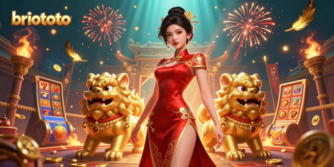 Briototo showcases a glamorous casino scene with an Asian woman surrounded by slot game elements and lively fireworks.